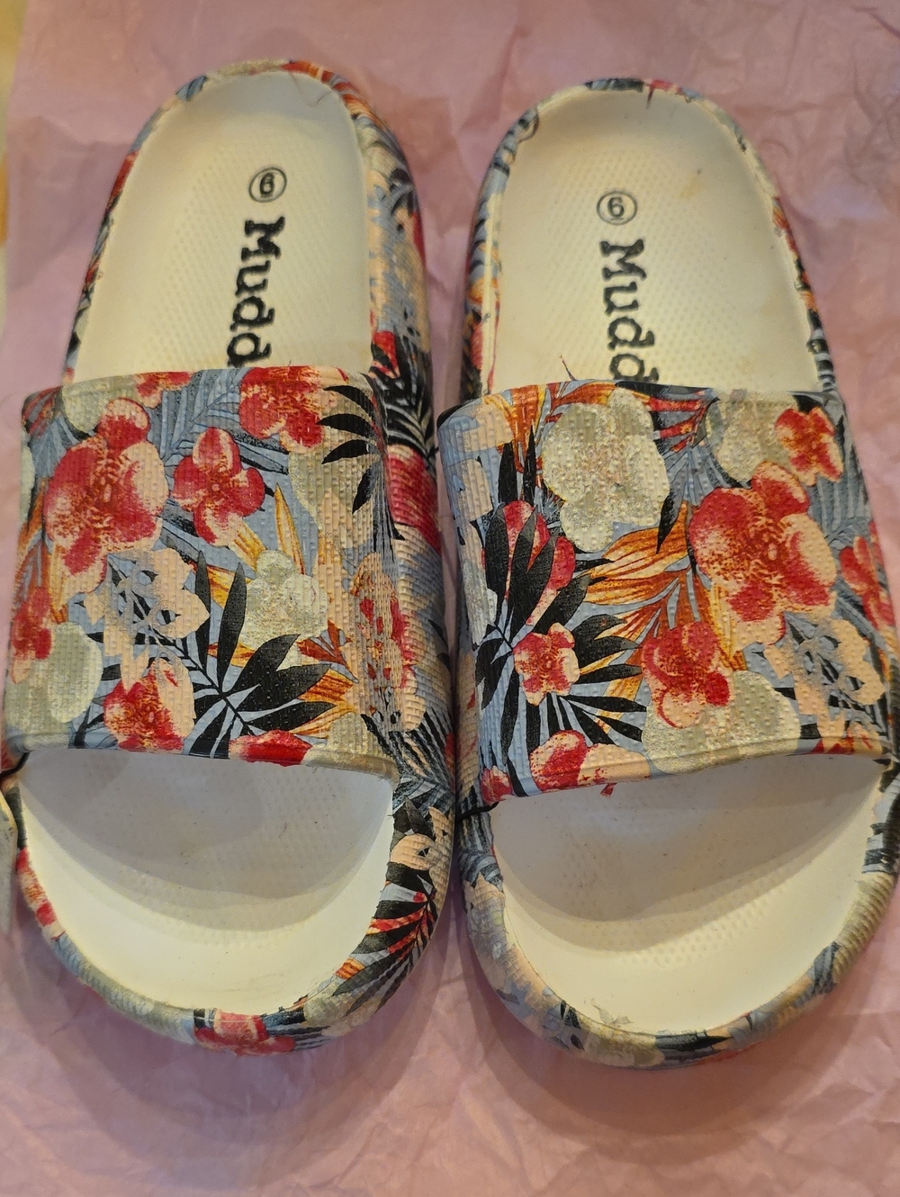 Mudd Floral Slide Sandals — Red, Blue & Cream Botanical Print